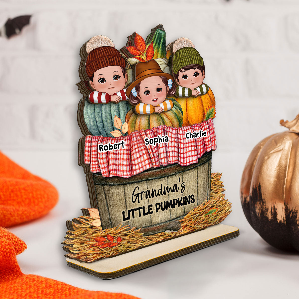 Cute Kids Grandma's Pumpkin Fall Season Personalized 2 Layer Standing Wooden Plaque