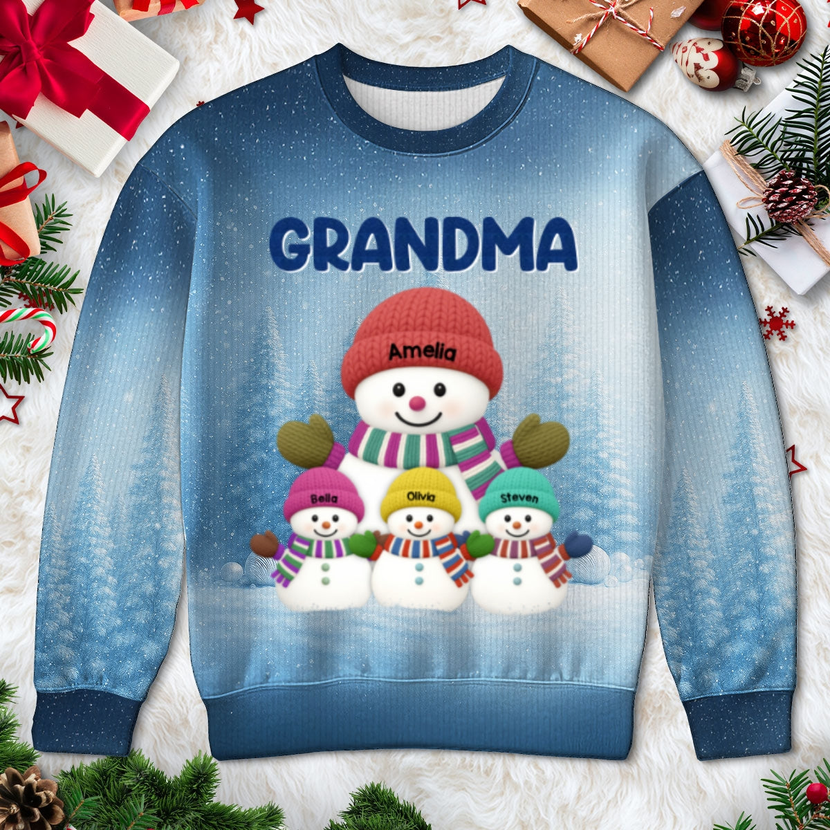 Heartwarming Grandma Grandkids Snowman Together - Personalized Ugly Sweater
