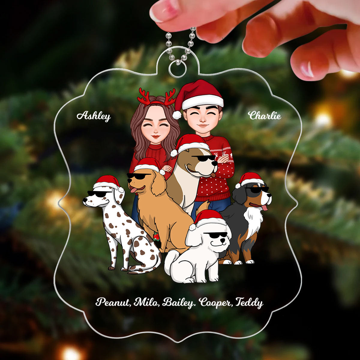 Cool Couple Standing With Funny Dogs Cartoon Personalized Acrylic Ornament