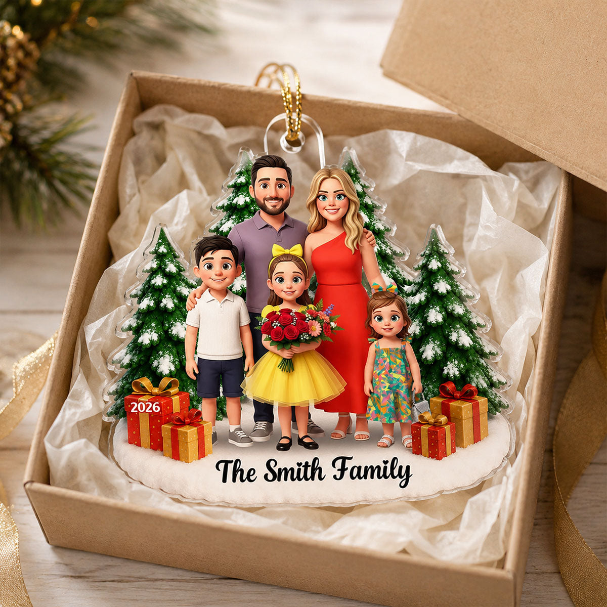 Cartoon Family Portrait From Photo Christmas Tree - Personalized Acrylic Ornament - Christmas Keepsake
