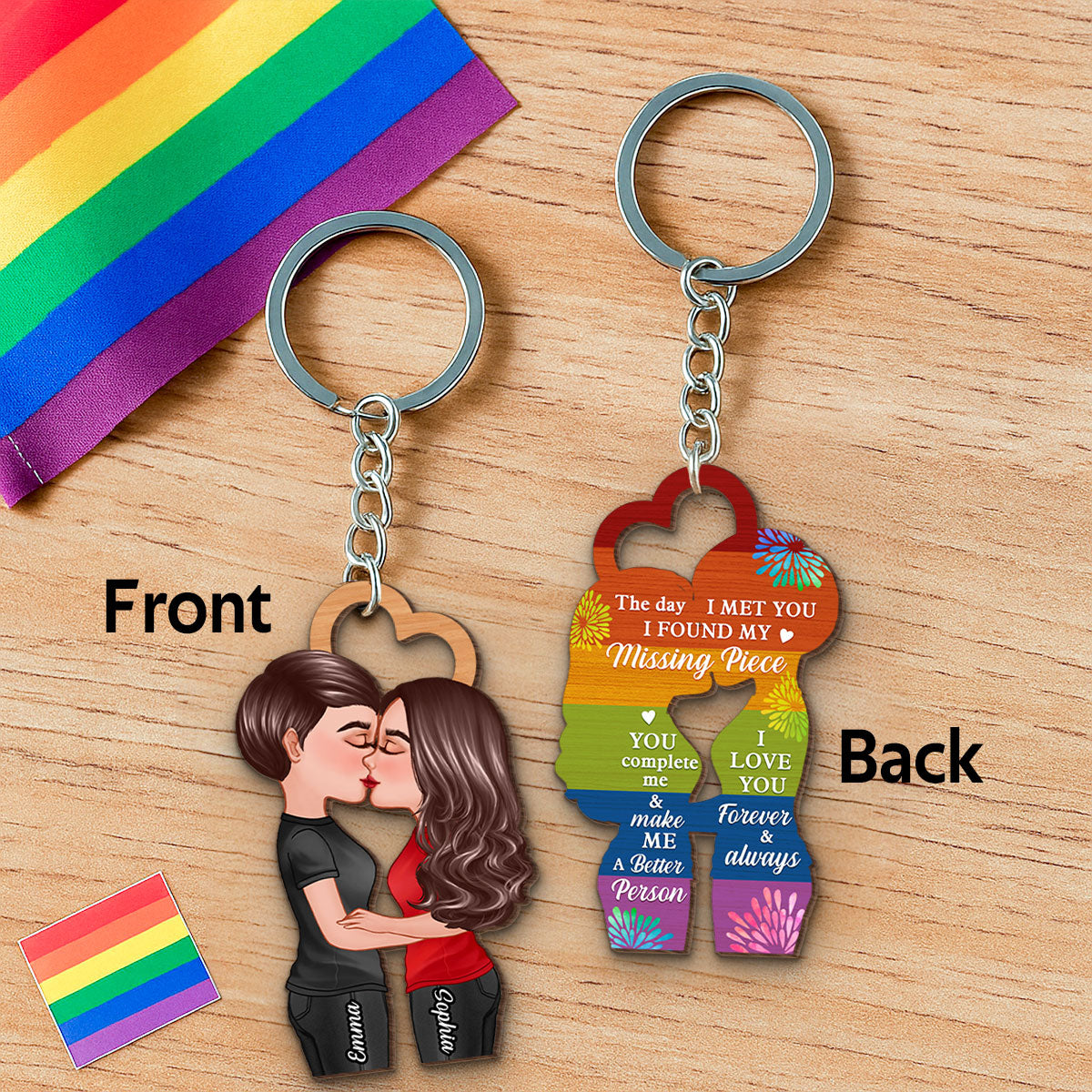 LGBTQ Couple Kissing Personalized Wooden Keychain, Pride Month Gift