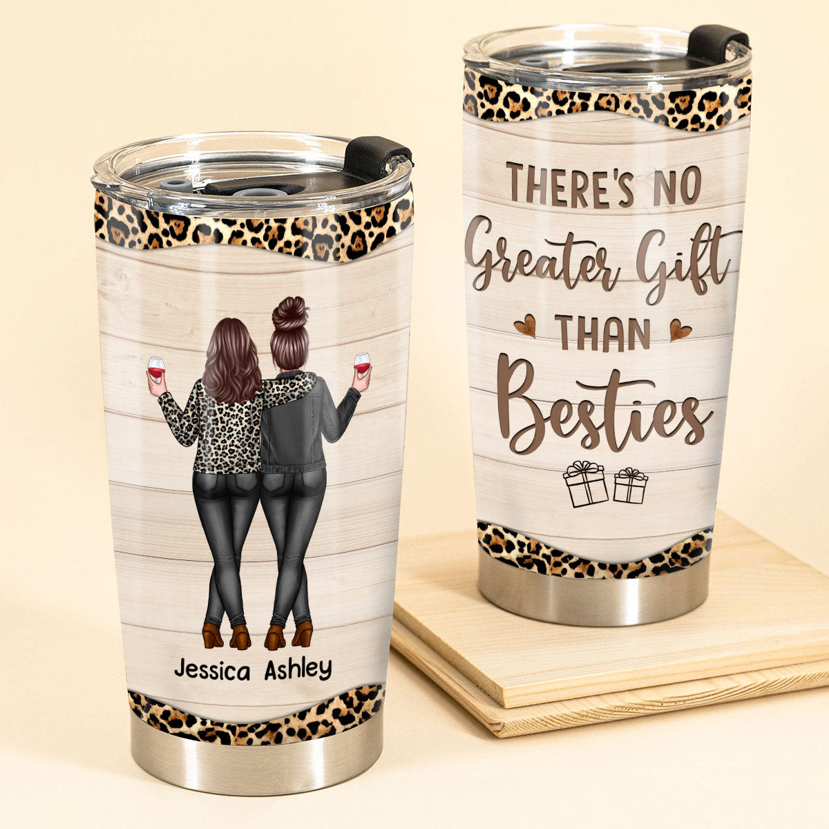 Back View Besties Gift For Best Friends Leopard Personalized Tumbler