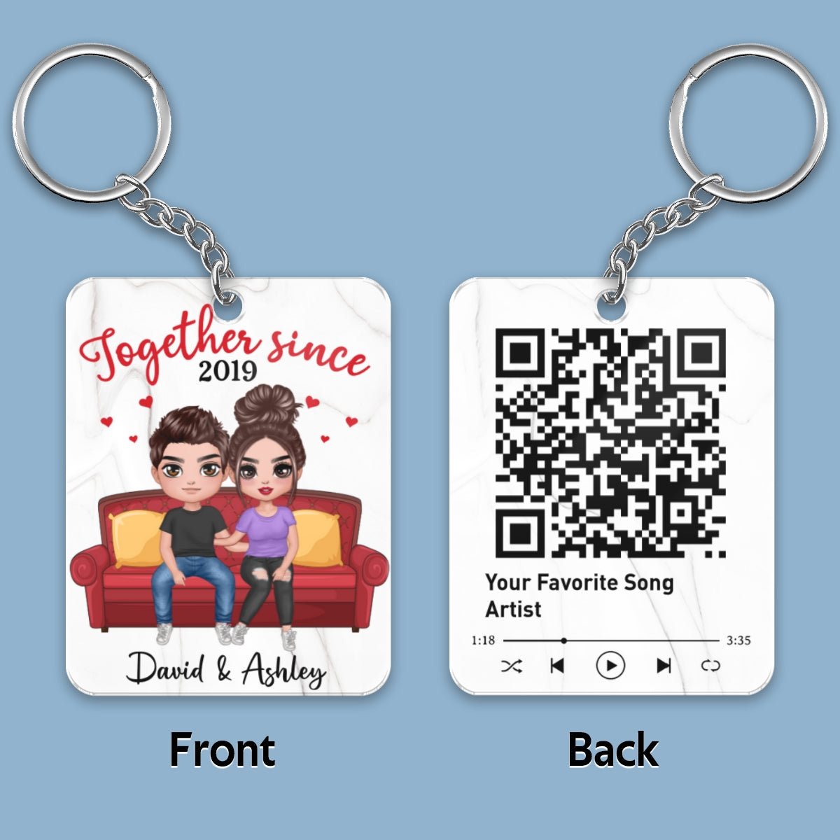 Doll Couple Sitting On Sofa Favorite Song Scannable QR Code Personalized Acrylic Keychain