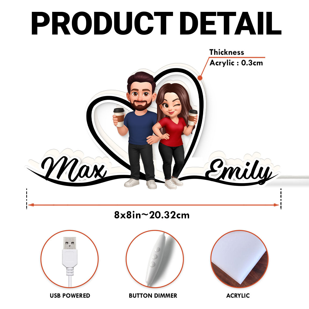 Couple Heart Names Personalized Light Box, Anniversary Gift for him, for her