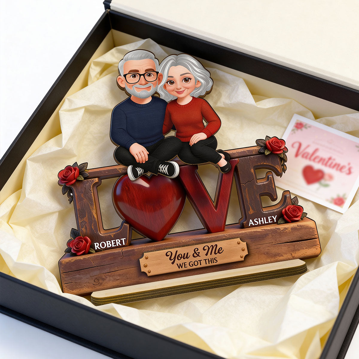 Roses LOVE Couple Sitting Embracing - Personalized 2-Layered Wooden Plaque - Valentine's Day Gift For Couple, For Him, For Her