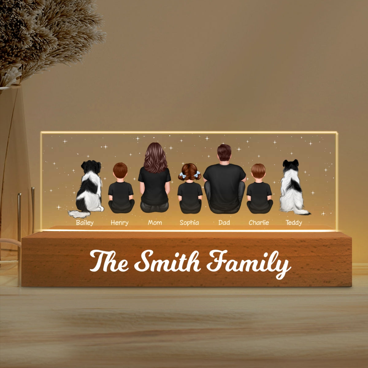 The Whole Family Dad Mom Kids Dogs Cats Personalized Acrylic Block LED Night Light