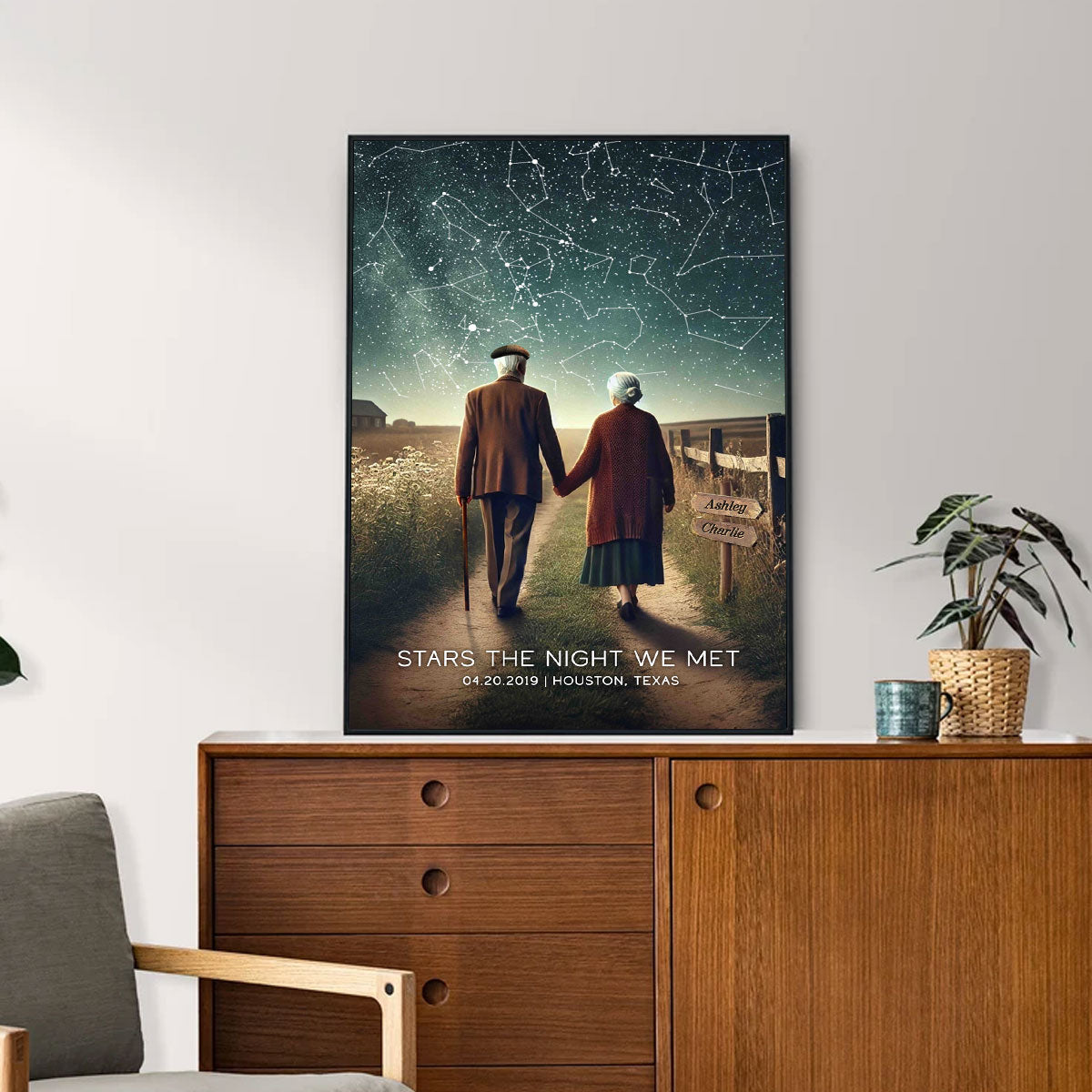 Old Couple Walking Under the Starry Night Poster, Custom Star Map by Date, Personalized Couple Constellation Map, Gift for him and her