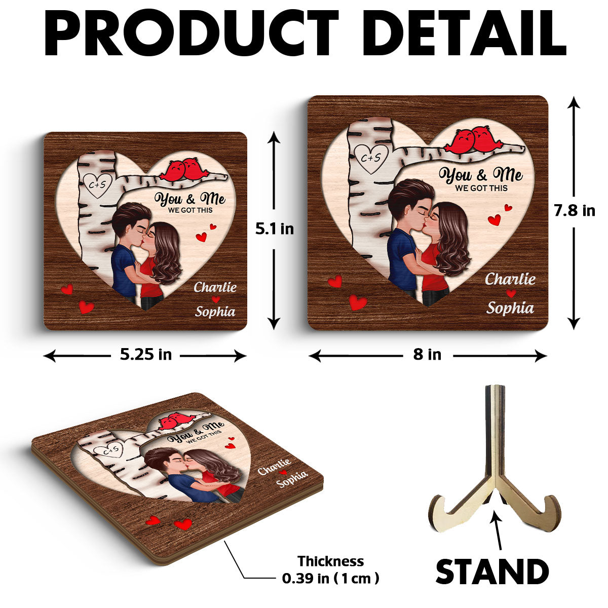 Couple Kissing Under Tree With Love Birds Personalized 2-Layer Wooden Plaque