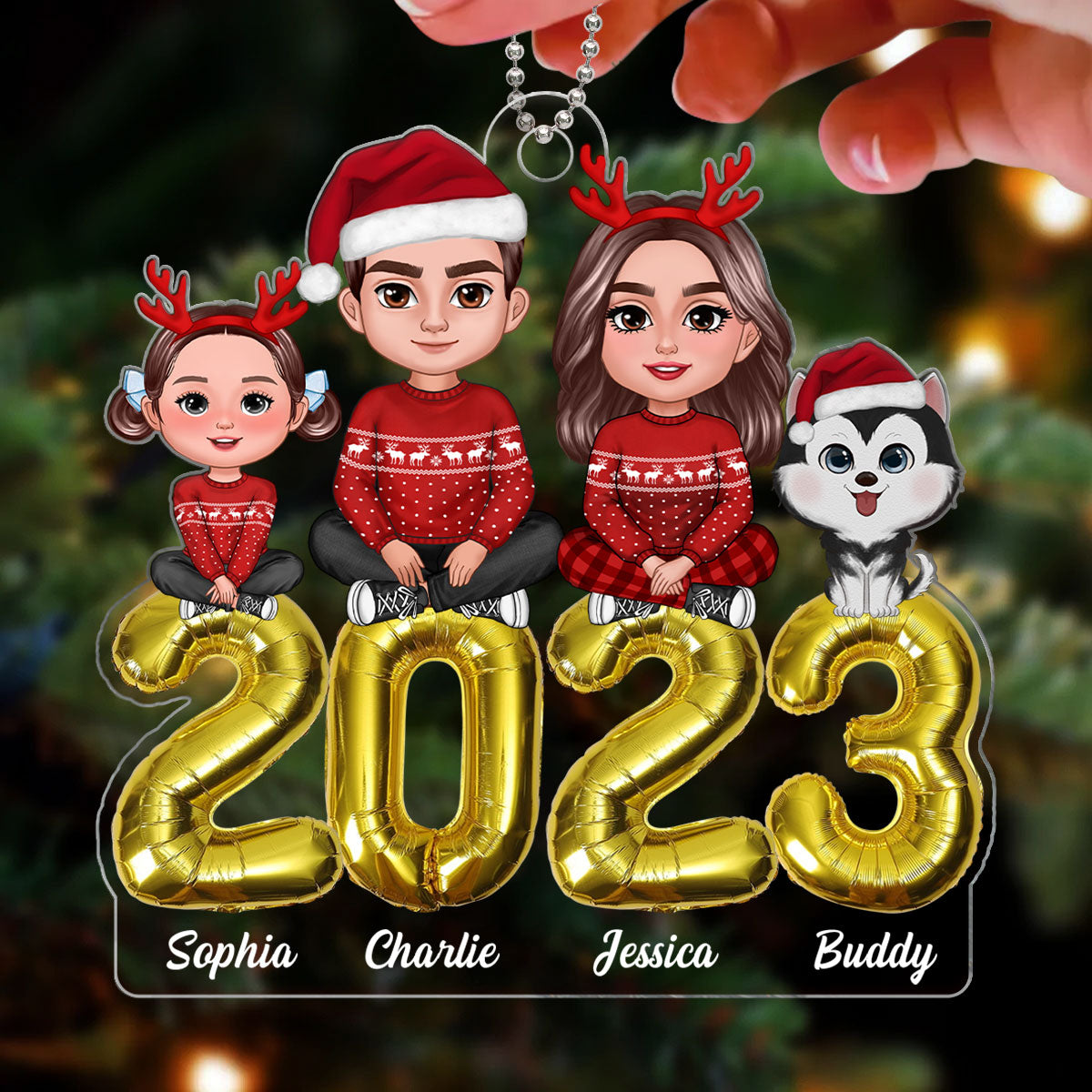 Family Sitting Crossed Balloon 2023 Christmas Gift Personalized Acrylic Ornament