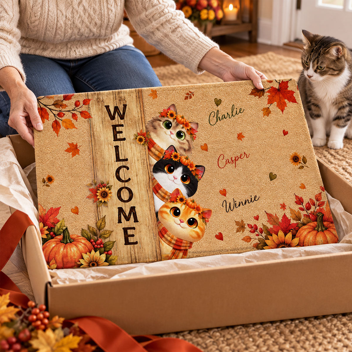 Cozy Fall Cat Welcome - Personalized Doormat - Fall Season Decoration