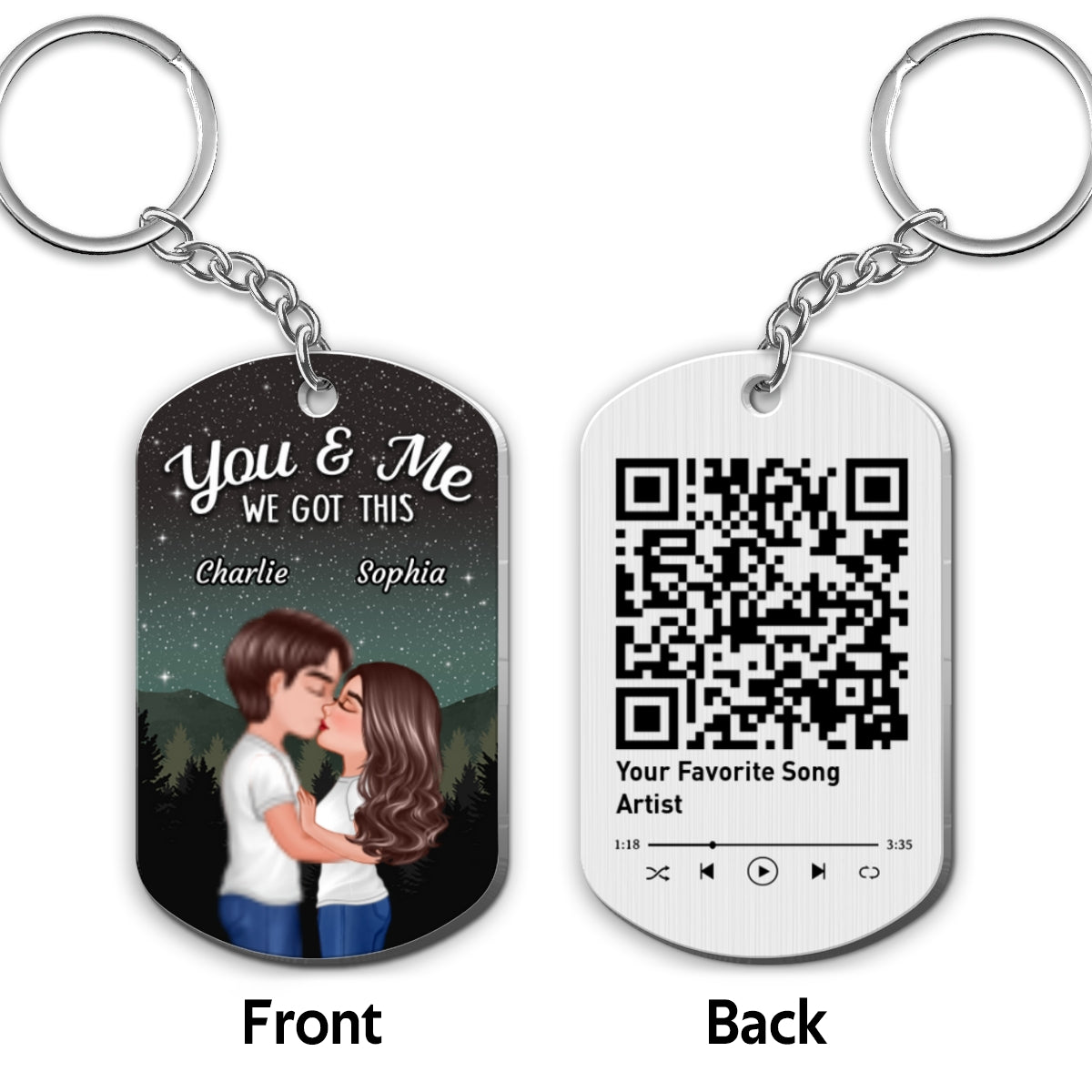 Couple Kissing Under Stars Sky Forest Favorite Song QR Code Personalized Metal Keychain