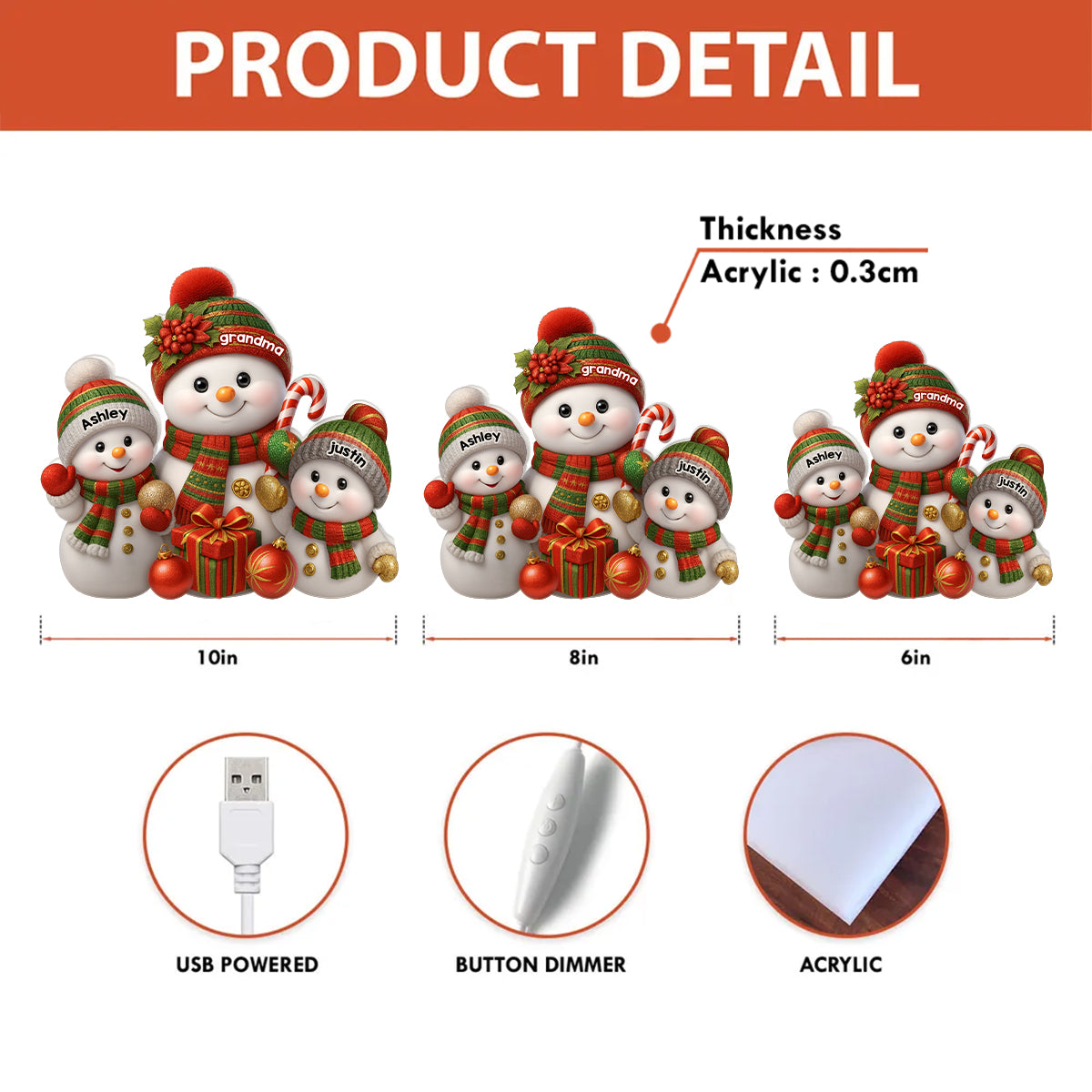 Festive Snowman Grandma & Grandkids - Personalized Light Box - Christmas Gift for Grandma