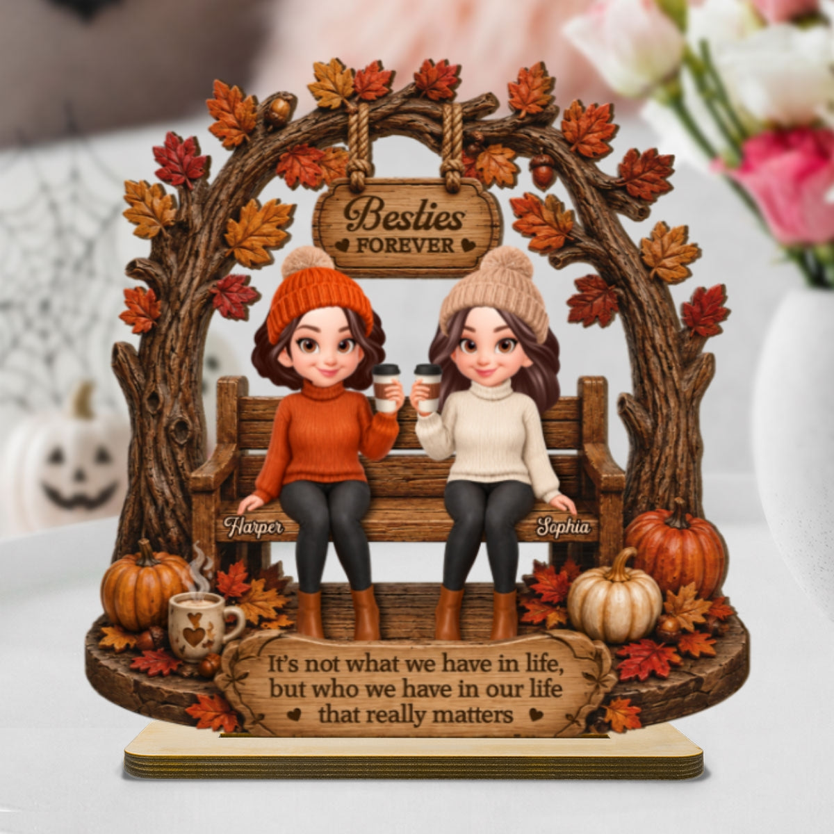 Fall Season Besties Under Tree Arch 2D Flat - Personalized Wooden Plaque - Fall Season Gift For Besties