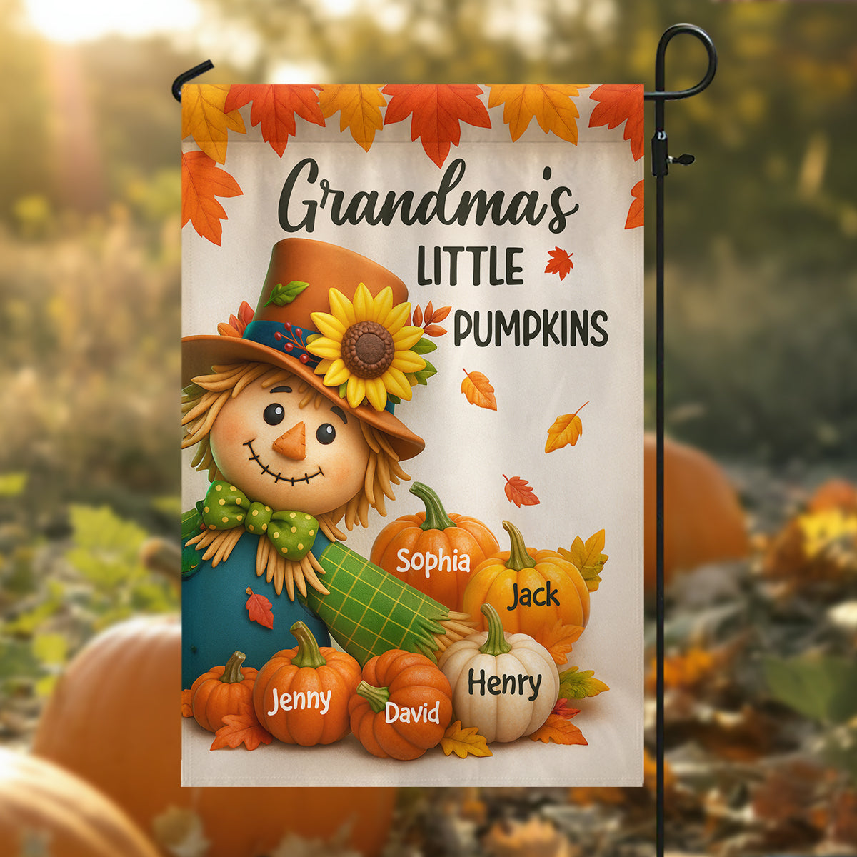 Grandma's Pumpkin Patch Scarecrow Personalized Garden Flag, Cozy Fall Decor for Grandma