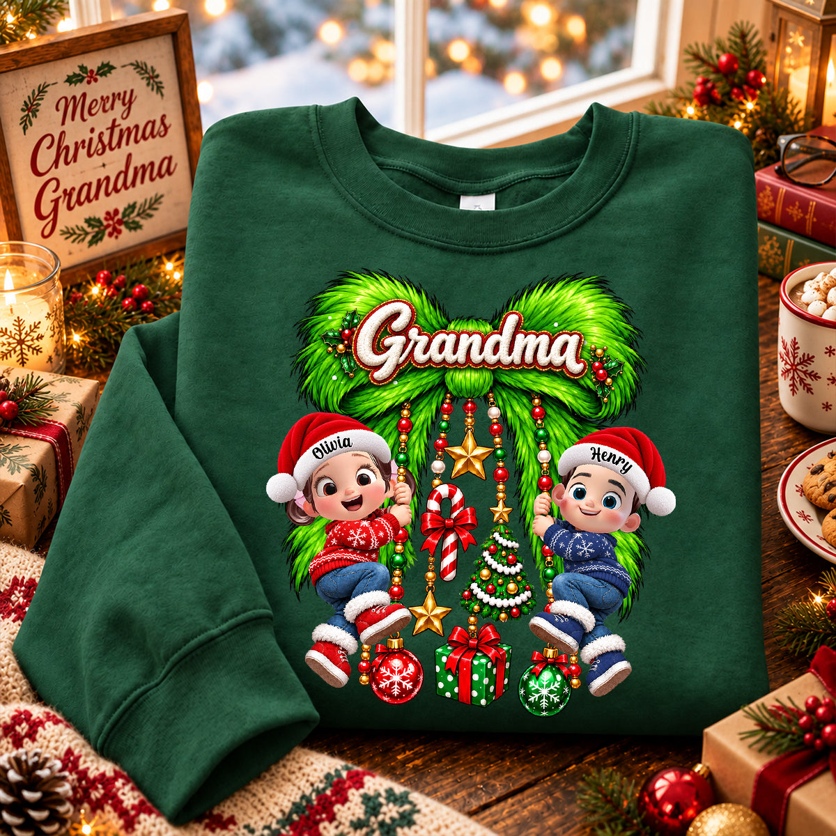 Cute Grandkids Green Bow Charm - Personalized Shirt - Trendy Christmas Tee for Grandma, Christmas Gift for Mom, Wife