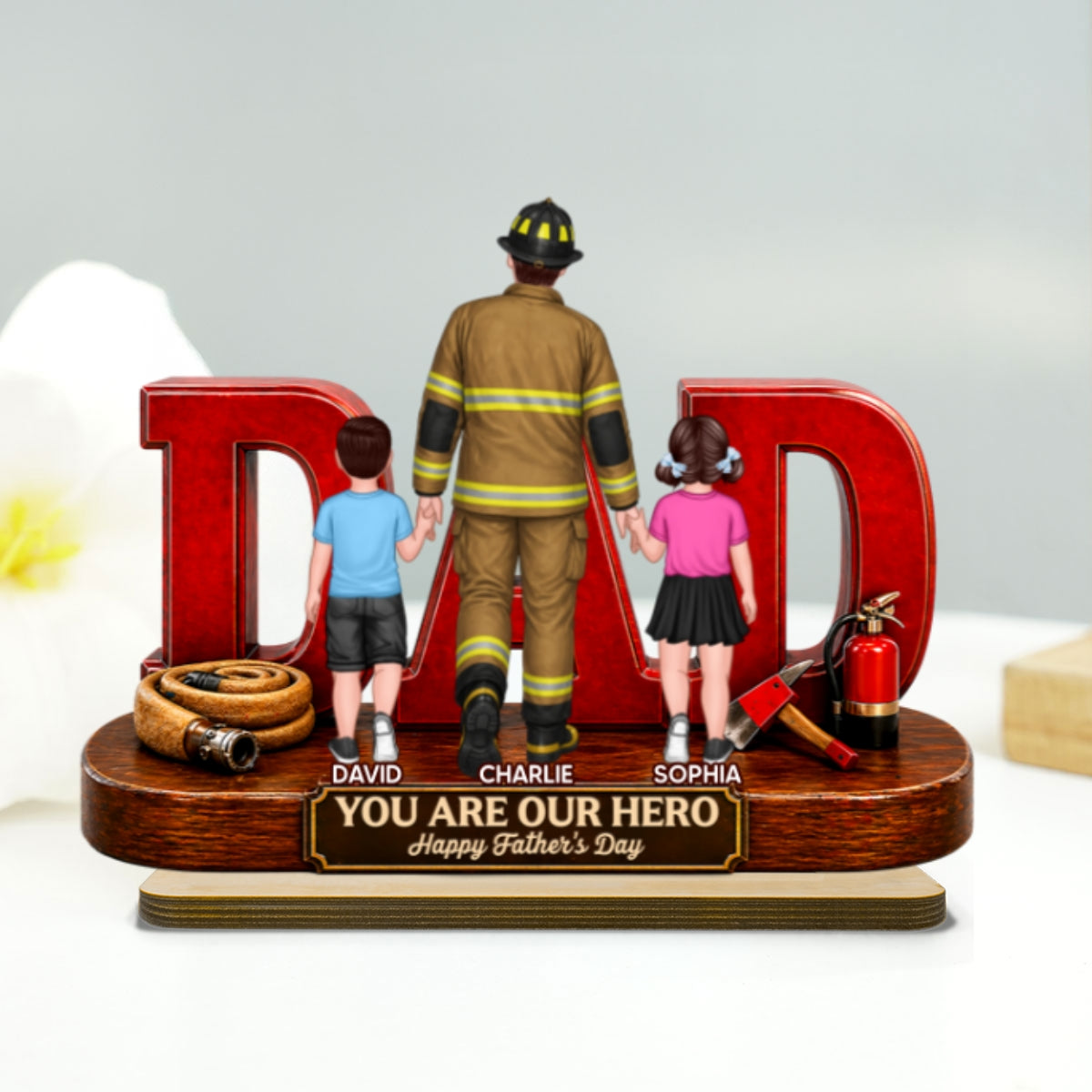 Proud Firefighter Dad You Are Our Hero - Personalized 2-Layered Wooden Plaque - Father's Day Gift For Dad
