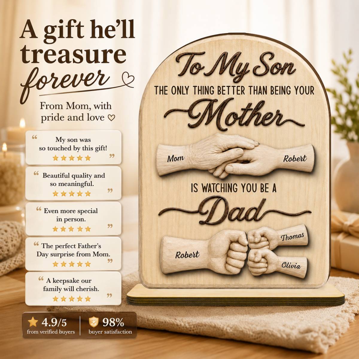 To My Son Watching You Be A Dad From Mom - Personalized 2-Layered Wooden Plaque - Father's Day Gift For Son