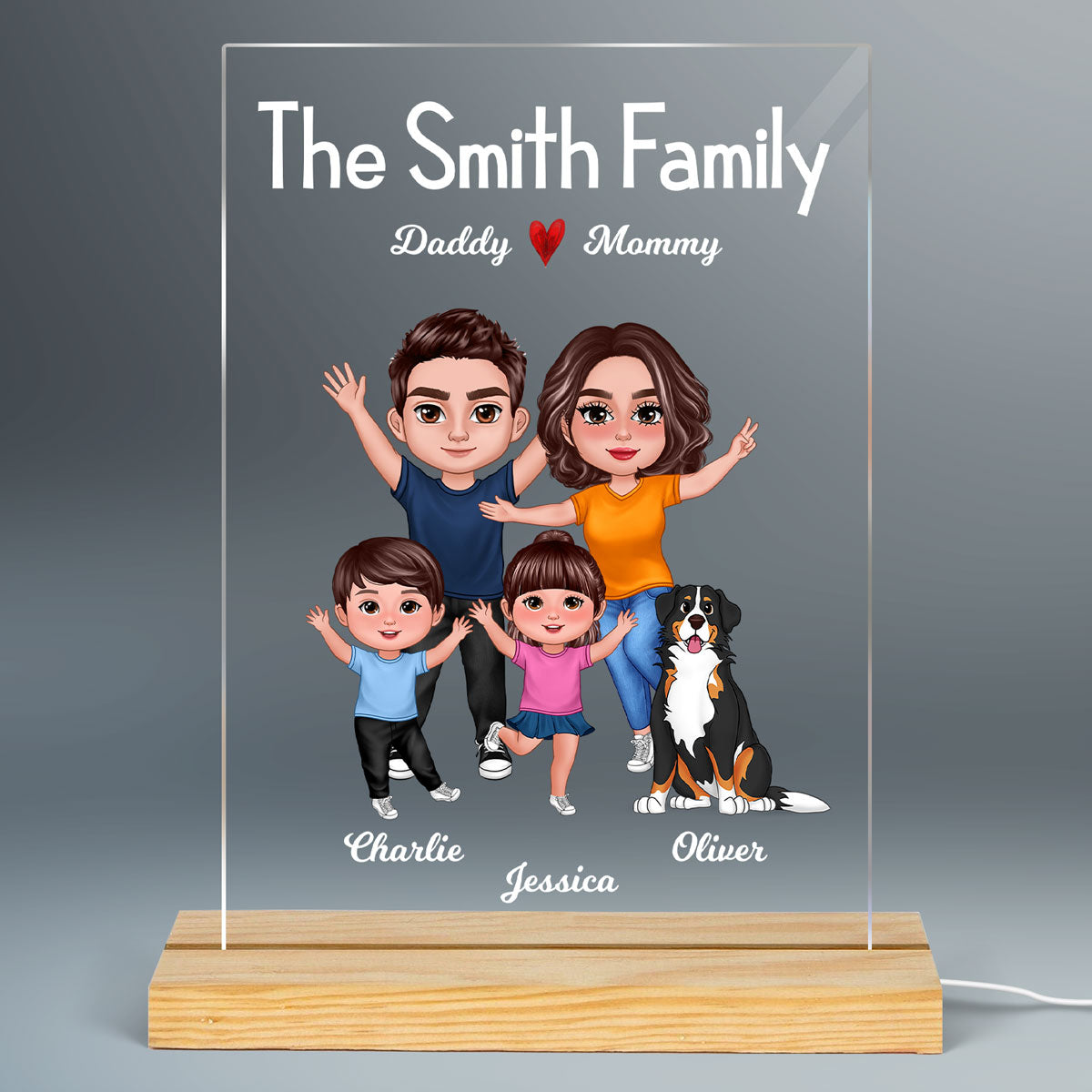 Happy Family Pretty Doll Couple Dad Mom Kids Dogs Cats Personalized Rectangle Acrylic Plaque LED Lamp Night Light
