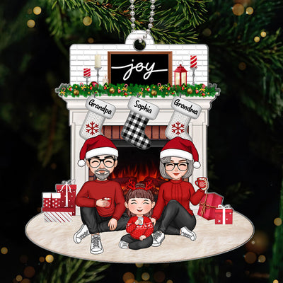 Cute Grandpa Grandma Grandkid Sitting At Christmas Fireplace Personalized Acrylic Ornament