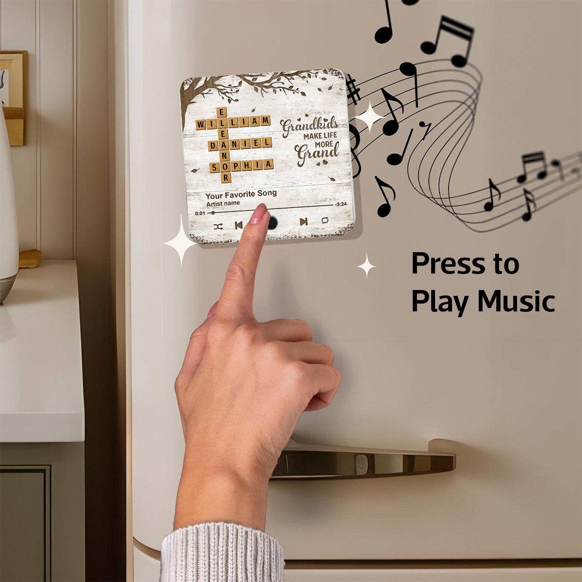 Grandkids Make Life More Grand, Crossword Puzzle Art Personalized Music Fridge Magnet, Gift for Grandma