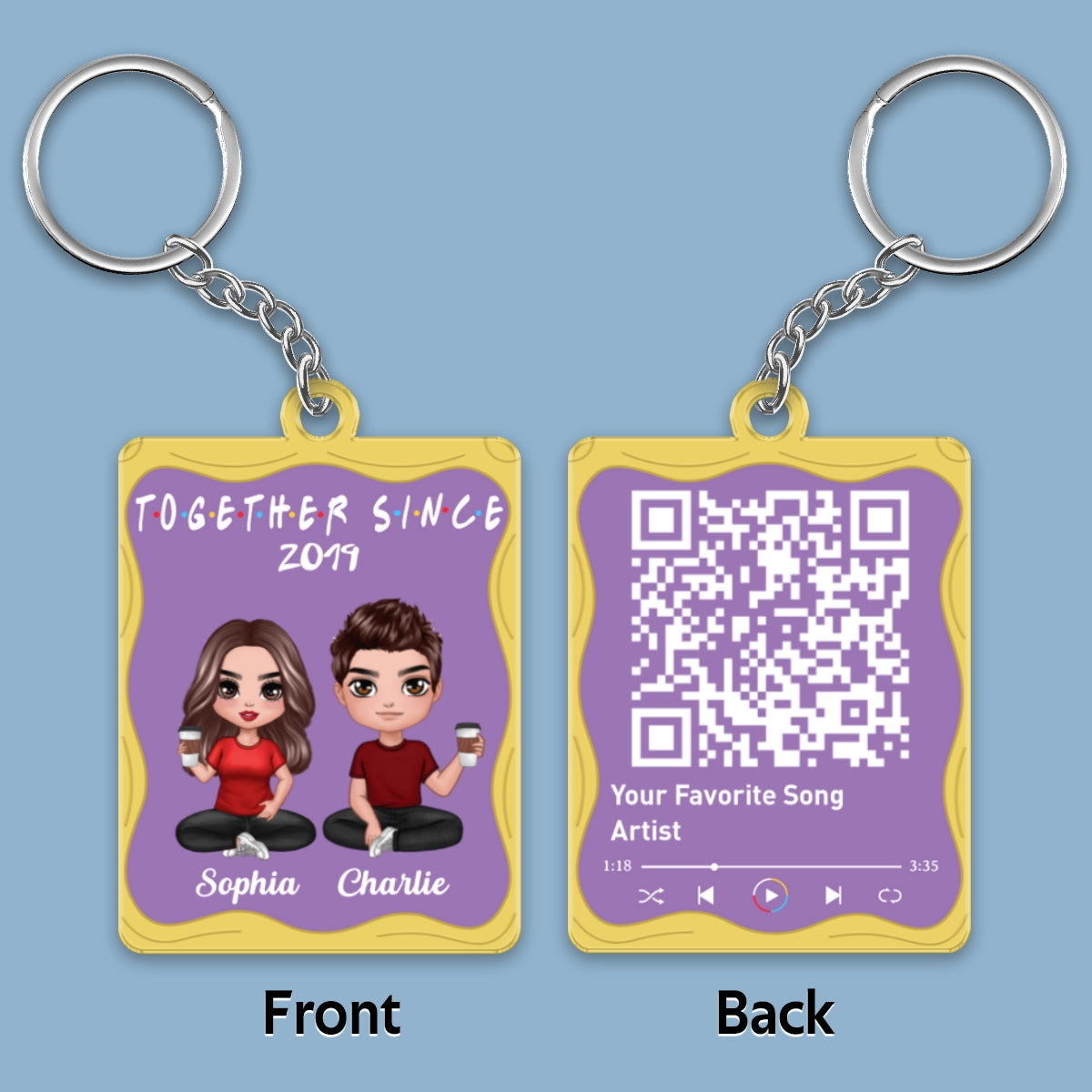 Doll Couple Sitting Purple Yellow Favorite Song Scannable QR Code Personalized Acrylic Keychain