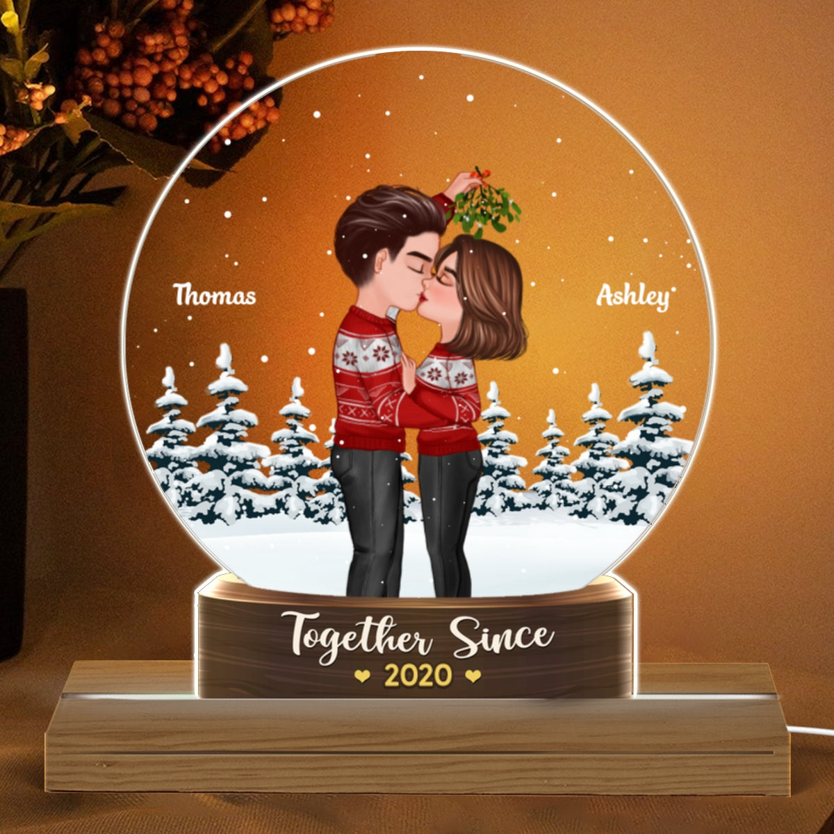 Couple Kissing Under Mistletoe Snow Globe Personalized Acrylic Custom Shape LED Night Light