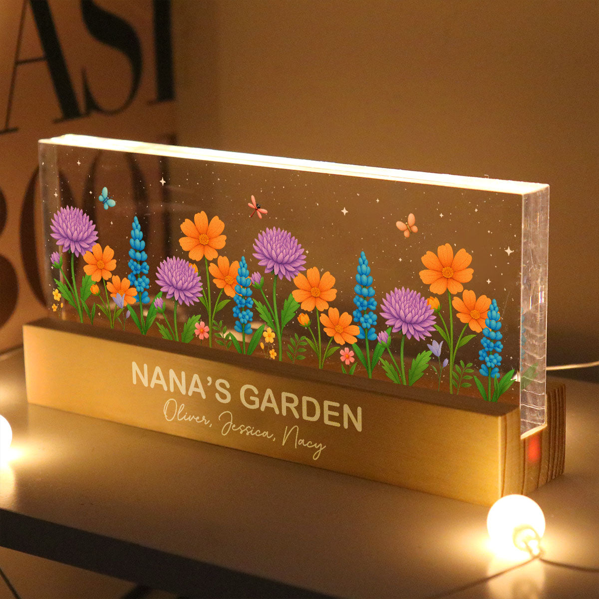 Blooming Birth Month Flowers Grandma Mom Garden Personalized Acrylic Block LED Night Light