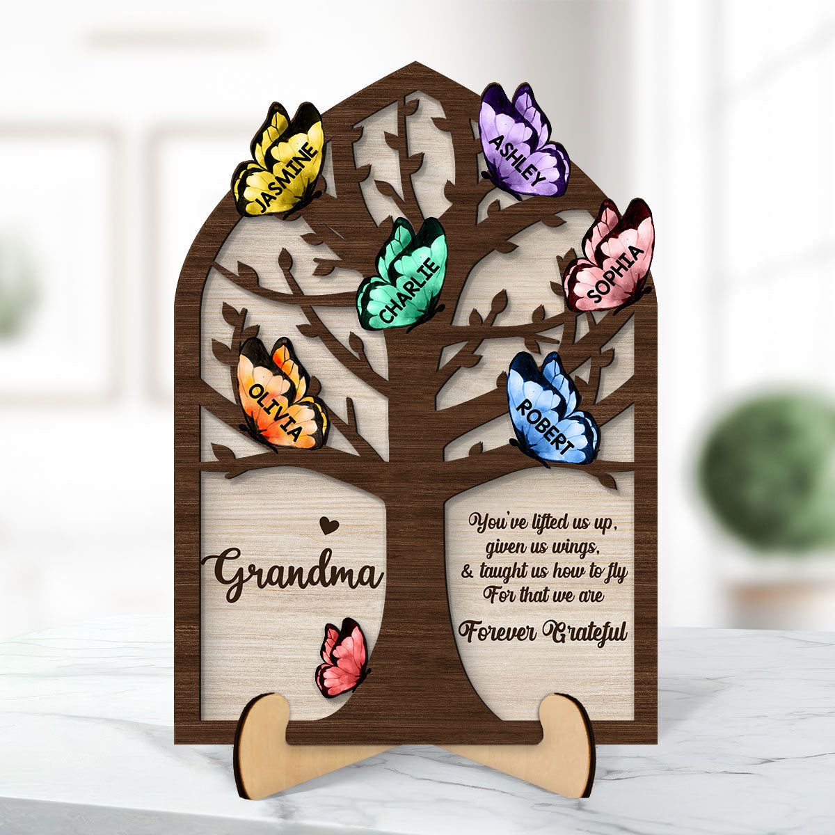 Grandma Mom Tree Butterflies Personalized 2-layer Wooden Plaque