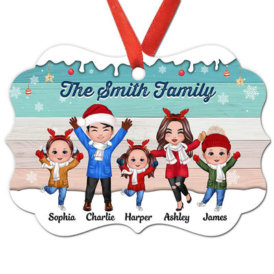 Snow Green Palette Happy Doll Family Dad Mom Kids In Snow Personalized Christmas Ornament