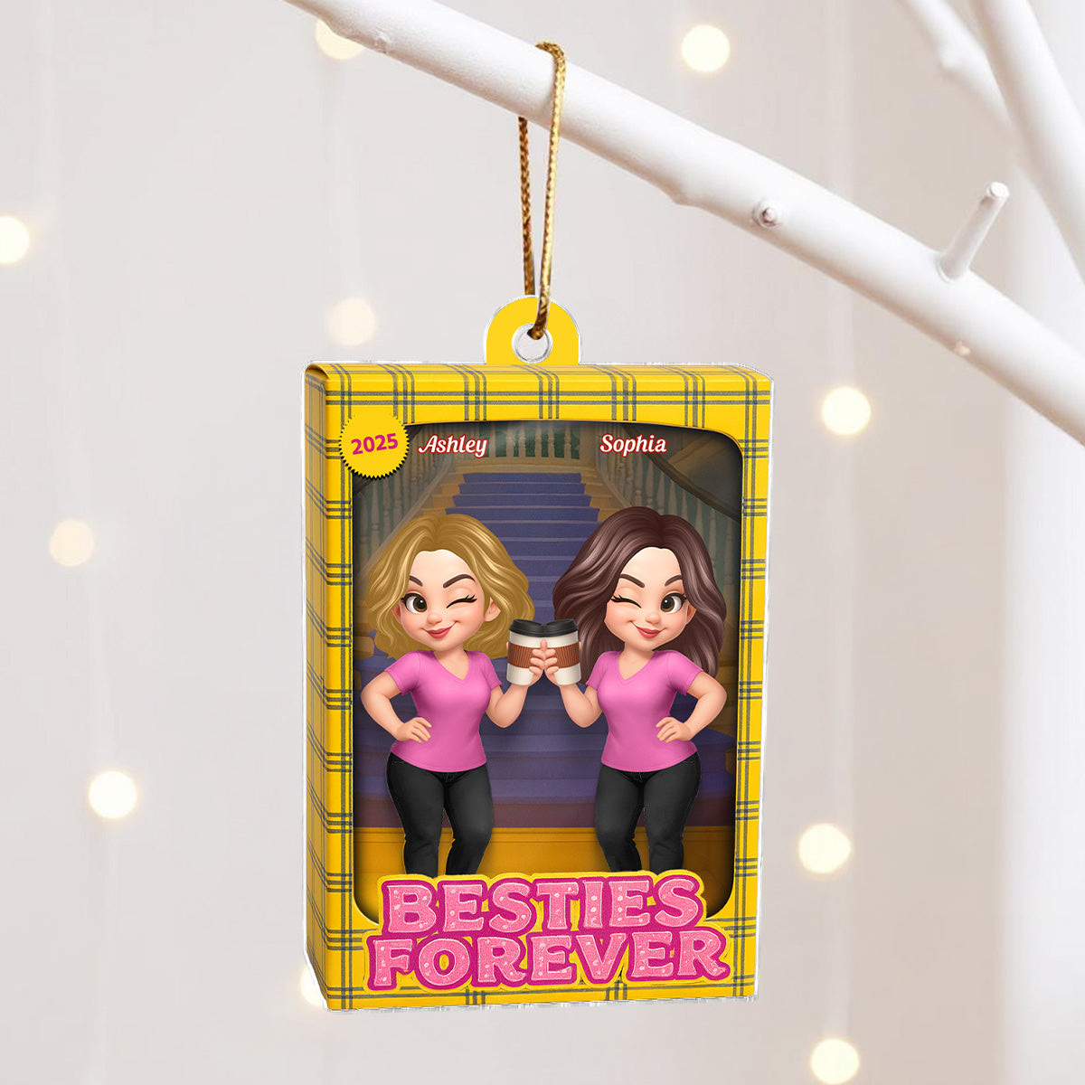 Besties Forever Yellow Plaid Toy Box Style - Personalized Acrylic Ornament - Christmas Gift For Best Friends