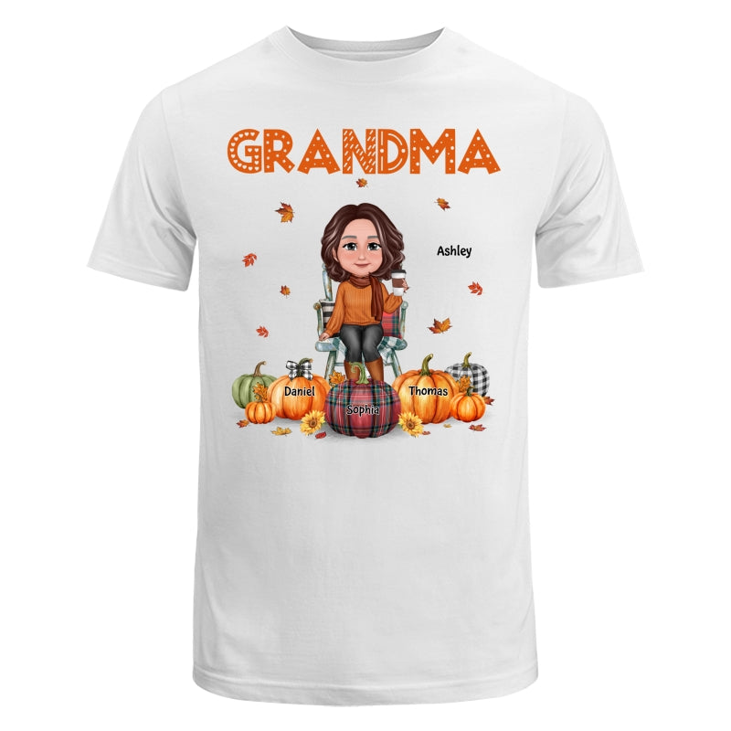 Fall Season Grandma Mom Sitting On Chair Pumpkins Personalized Shirt