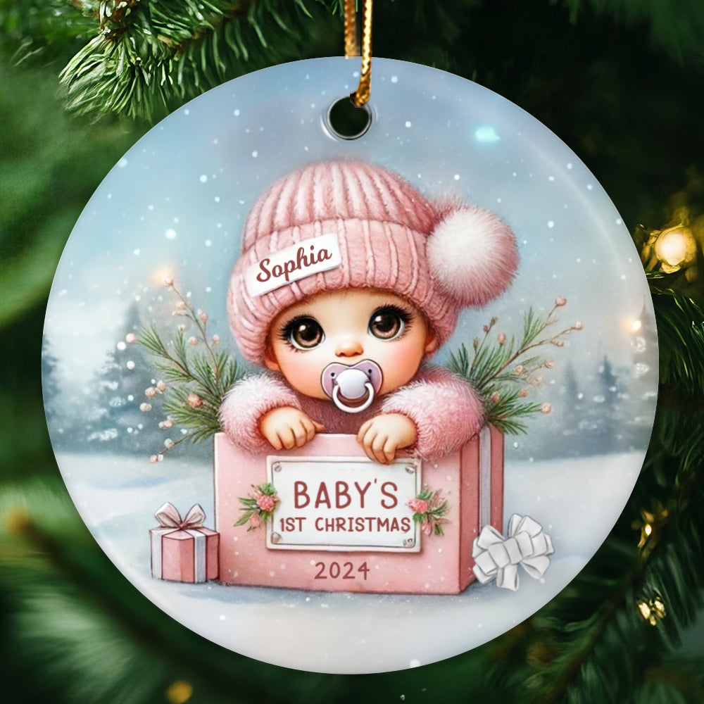 Watercolor Baby Inside Gift Box Personalized Ceramic Ornament, Christmas Gift for New Mom New Dad