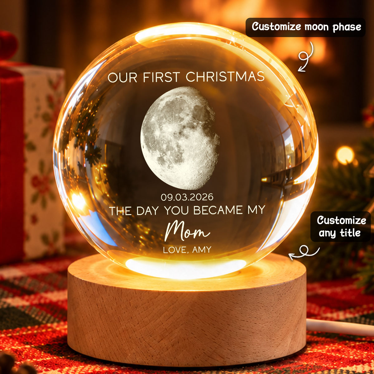 The Day You Became My Mom Dad Custom Moon Phase First Christmas - Personalized Crystal Ball LED Night Light - Christmas Gift For New Mom, New Dad, New Parents