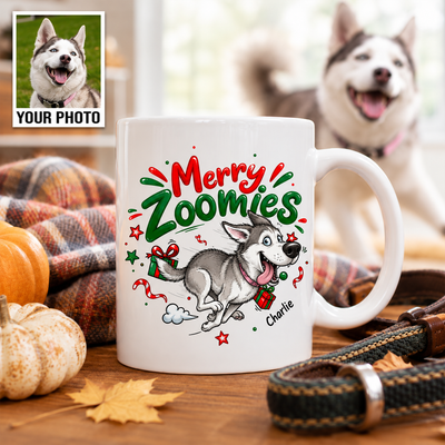 Merry Zoomies Quirky Dog Portrait From Your Custom Pet Photo - Personalized Mug - Funny Christmas Gift For Dog Lover