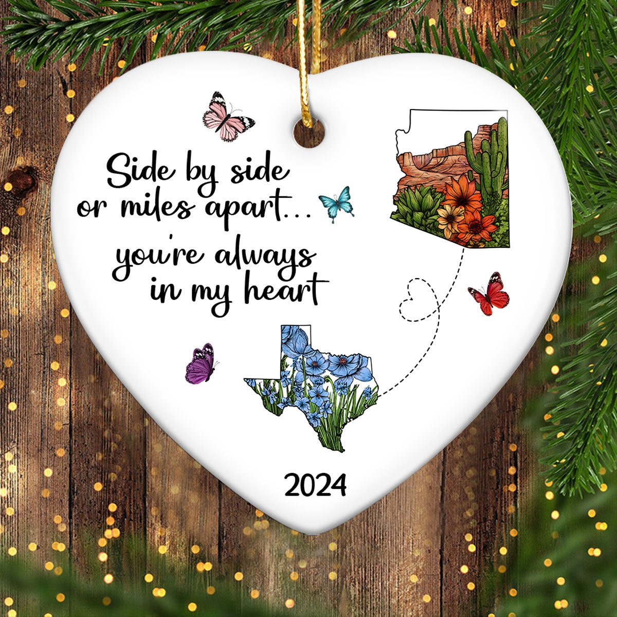 Miles Apart Long Distance Friendship Family Watercolor Wildflower State Map Personalized Ceramic Heart Ornament, Togetherness Keepsake