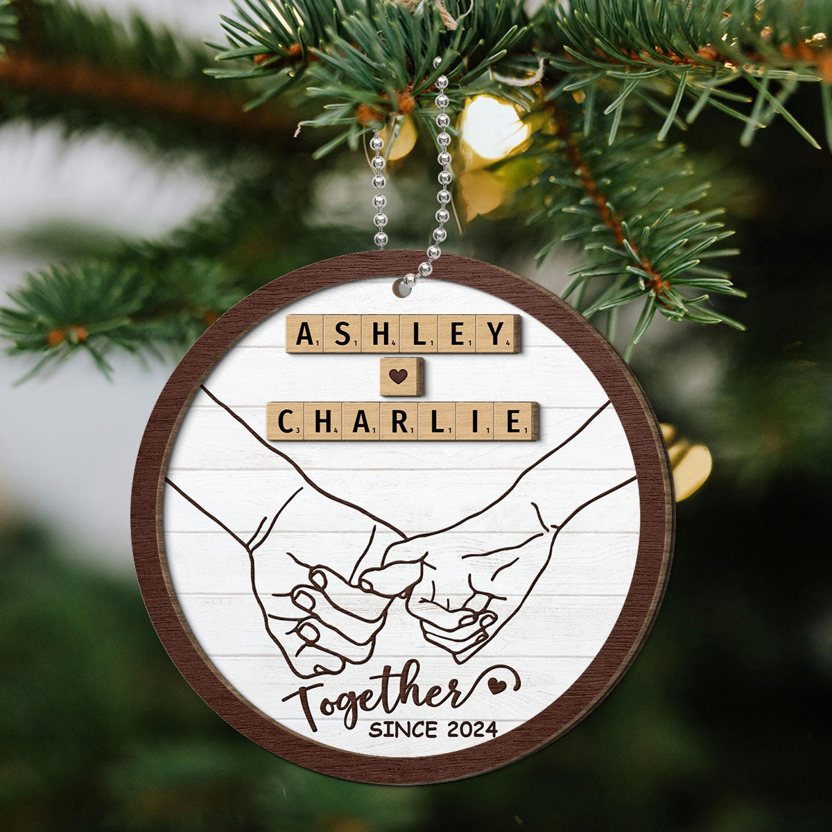 Hand In Hand Couple Wooden Blocks Christmas Personalized 2-Layer Wooden Ornament, Christmas Gift For Him, For Her