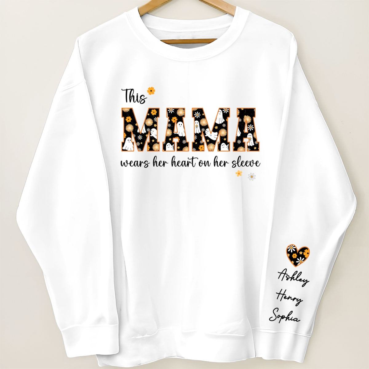 Halloween This Mama Wears Her Heart on Her Sleeve Personalized Sleeve Printed Sweatshirt
