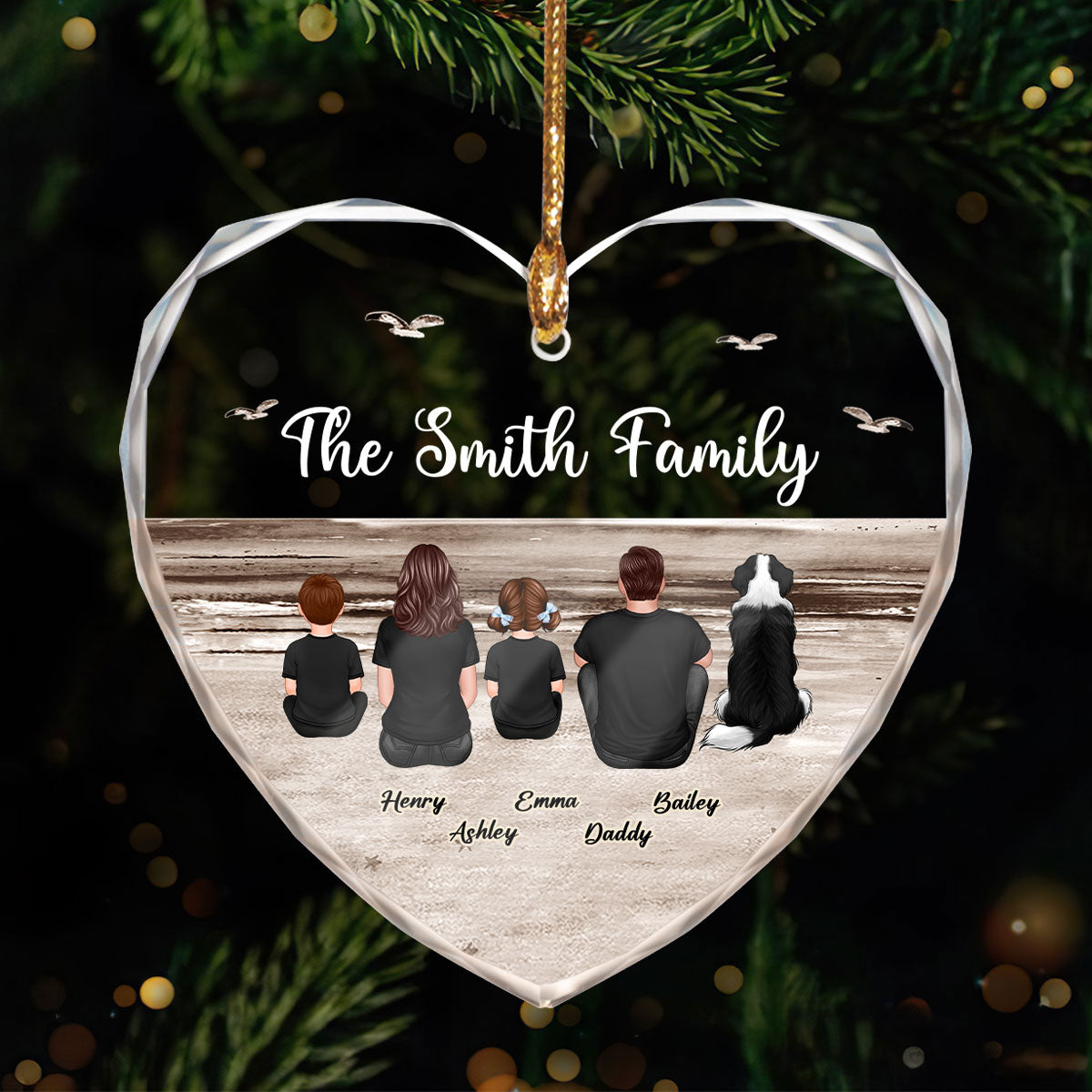 Family Sitting Back View Retro Vintage Beach Landscape Personalized Heart Glass Ornament
