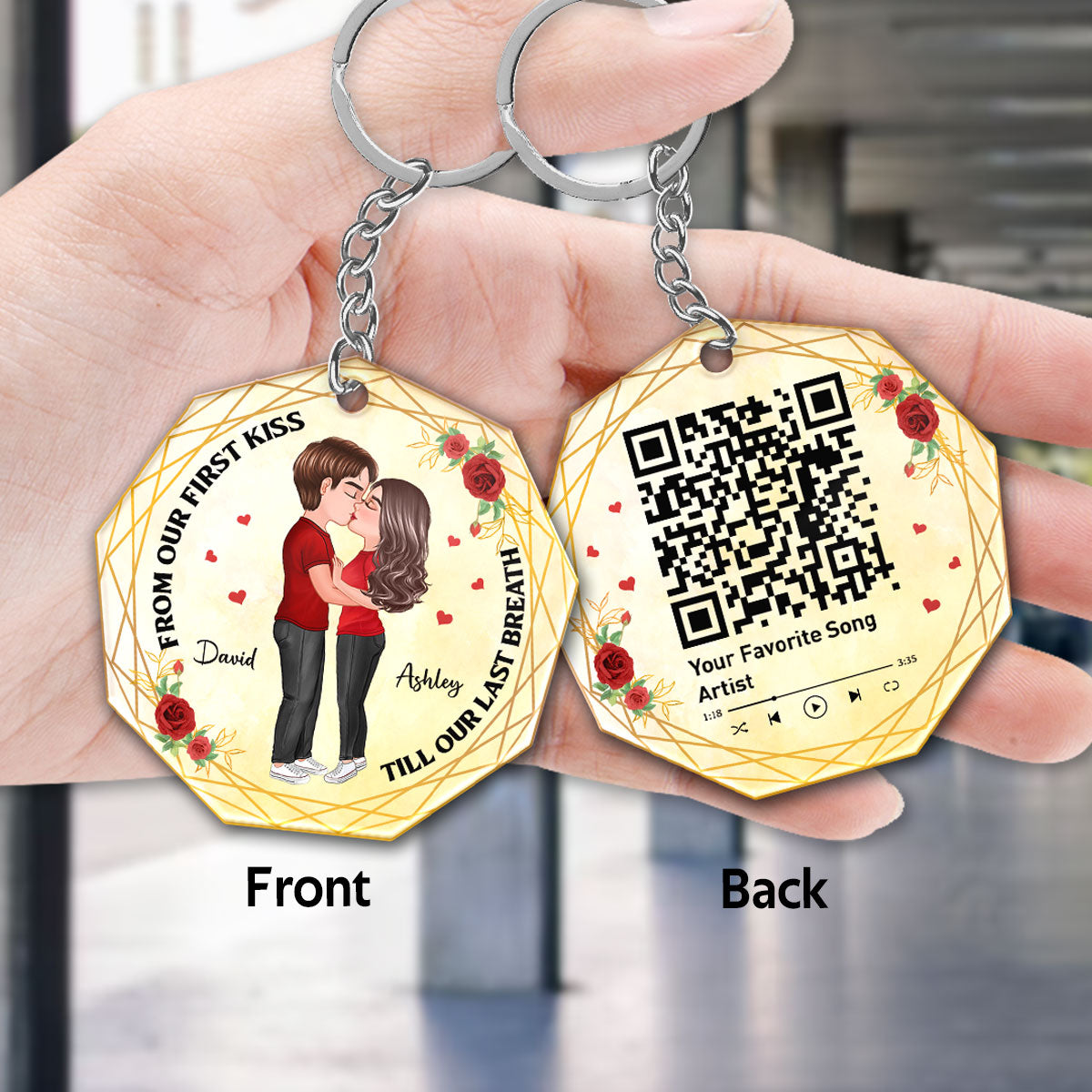 Doll Couple Kissing Favorite Song Scannable QR Code Personalized Nonagon Acrylic Keychain