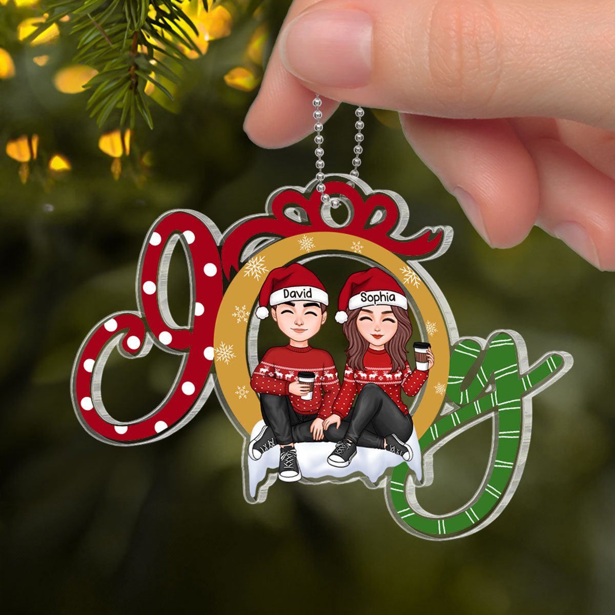 JOY Happy Christmas Couple Personalized Acrylic Ornament