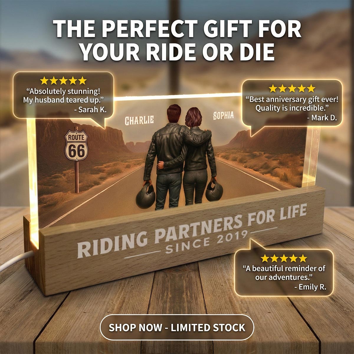 Eternal Love Back View Biker Couple Riding Partners For Life - Personalized Acrylic Block LED Night Light - Heartfelt Valentine's Day Gift, Anniversary Gift For Couple, Bikers, Gift For Him, For Her