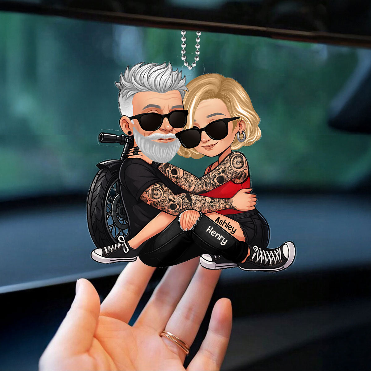 Biker 3D Cartoon Effect Couple Personalized Acrylic Car Ornament, Gift for her, Gift for him, Motorcycle Lovers