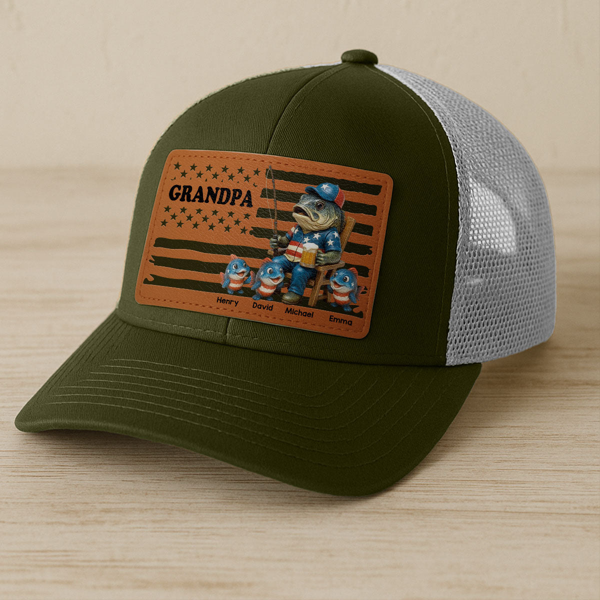 Fishing Dad Nation Flag Personalized Leather Patch Hat, Father's Day gift