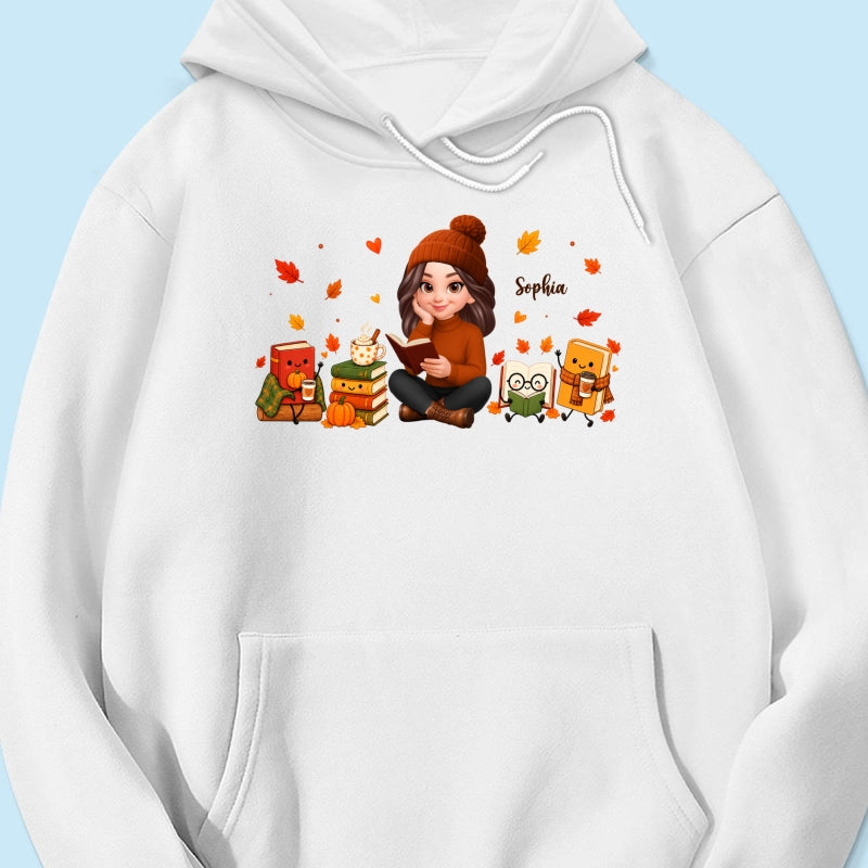 Cozy Fall Vibe Just A Woman Who Loves Books Cute Doodle Kawaii Style - Personalized Shirt - Fall Gift For Book Lovers