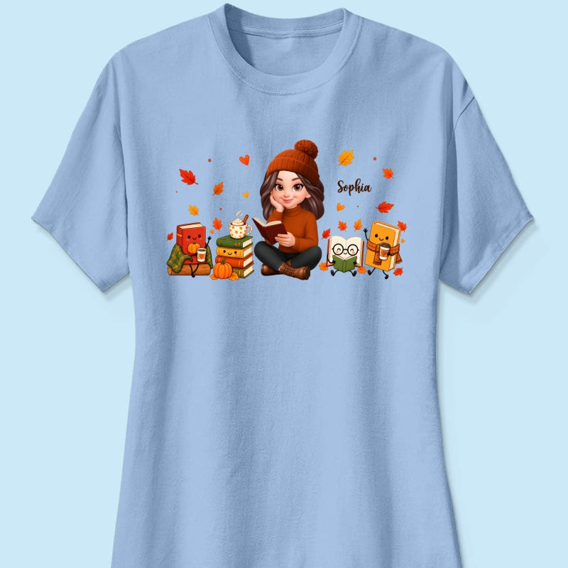 Cozy Fall Vibe Just A Woman Who Loves Books Cute Doodle Kawaii Style - Personalized Shirt - Fall Gift For Book Lovers