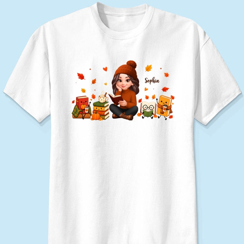 Cozy Fall Vibe Just A Woman Who Loves Books Cute Doodle Kawaii Style - Personalized Shirt - Fall Gift For Book Lovers