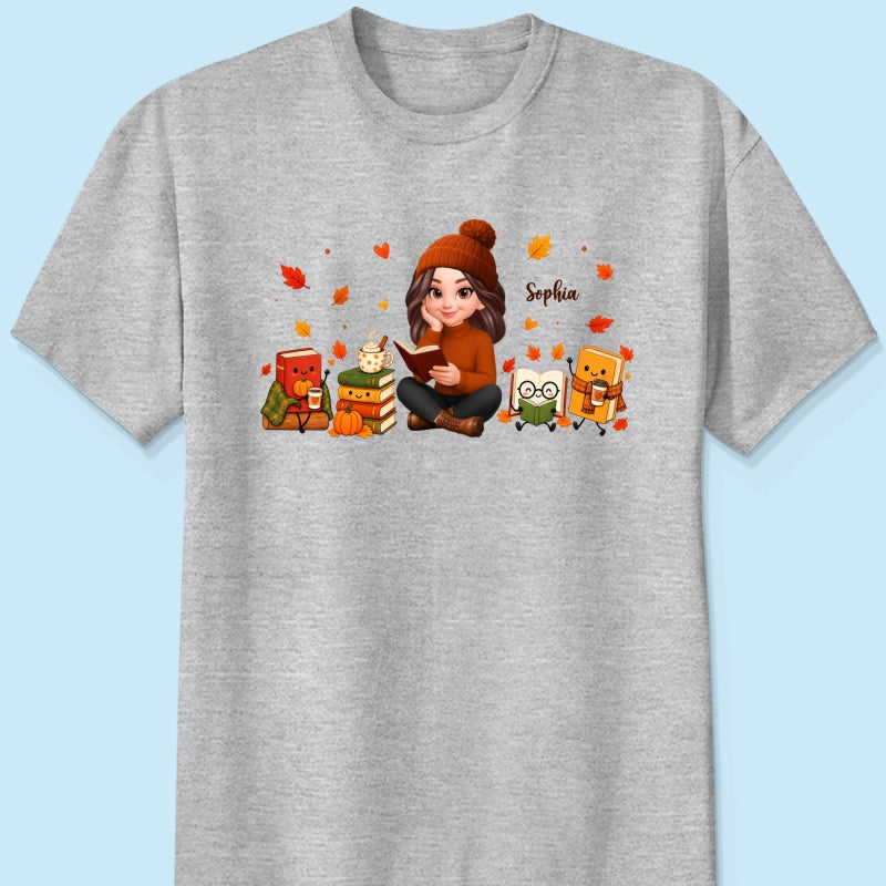 Cozy Fall Vibe Just A Woman Who Loves Books Cute Doodle Kawaii Style - Personalized Shirt - Fall Gift For Book Lovers