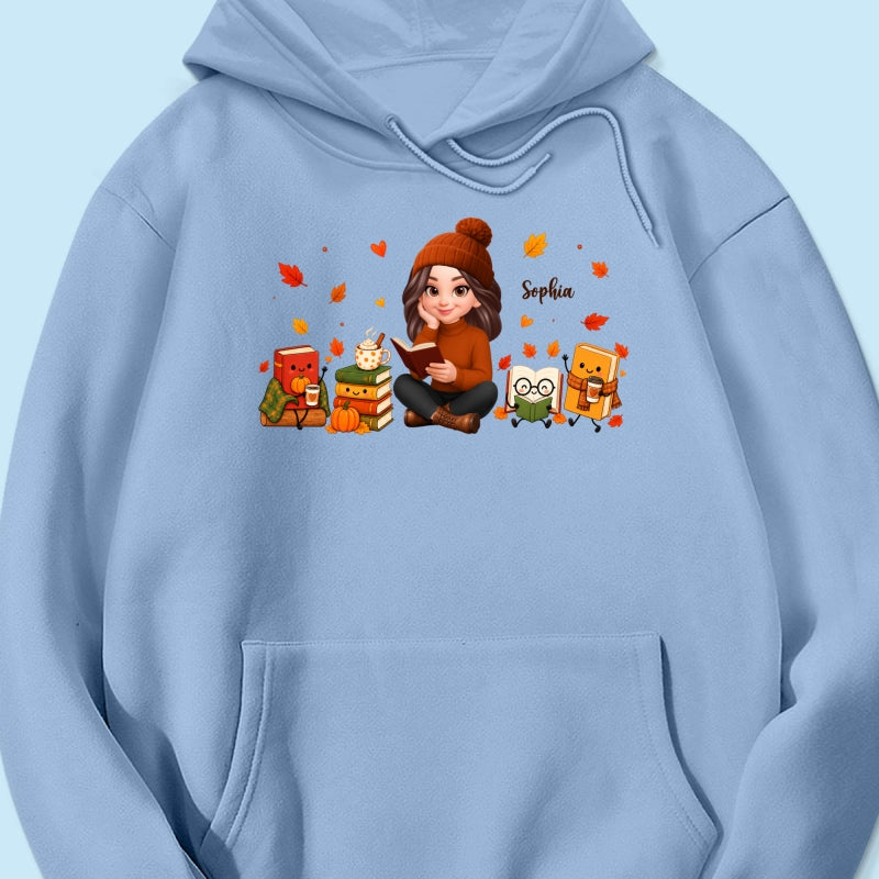 Cozy Fall Vibe Just A Woman Who Loves Books Cute Doodle Kawaii Style - Personalized Shirt - Fall Gift For Book Lovers