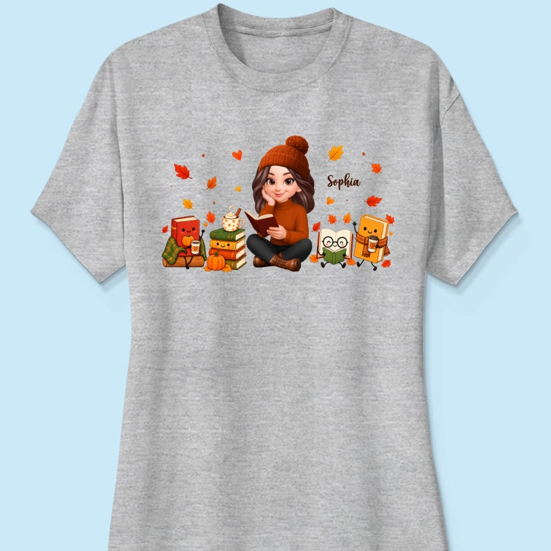 Cozy Fall Vibe Just A Woman Who Loves Books Cute Doodle Kawaii Style - Personalized Shirt - Fall Gift For Book Lovers