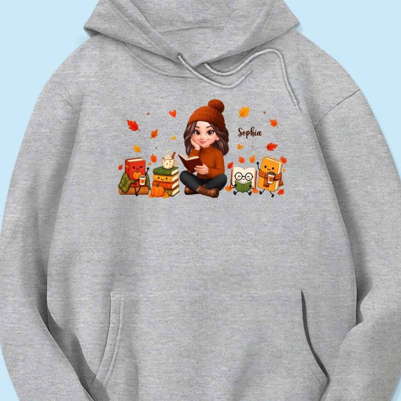 Cozy Fall Vibe Just A Woman Who Loves Books Cute Doodle Kawaii Style - Personalized Shirt - Fall Gift For Book Lovers